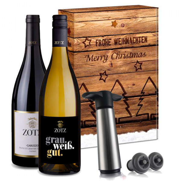 Wein-Geschenkset Zotz "Caruzzo, Grau.Weiß.Gut & Vacu Vin Pumpenset"