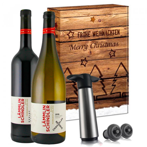 Wein-Geschenkset "Lämmlin-Schindler Chasselas & Merlot" inkl. Vacu Vin Pumpenset (Biowein)