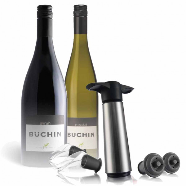 Wein-Geschenkset Syrah & Gutedel + Vacu Vin Edelstahl Pumpenset